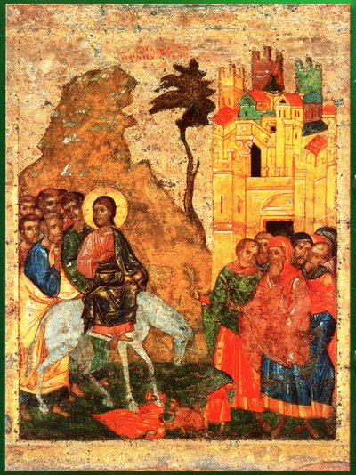 Intocht in Jeruzalem. Russische icoon 14e eeuw door Unknown